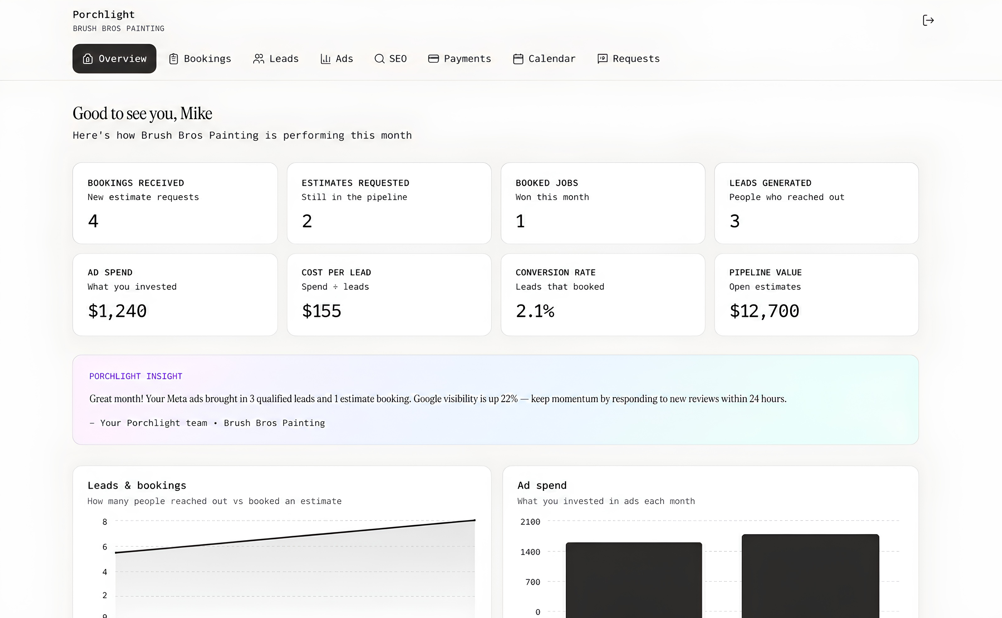 Porchlight contractor dashboard showing bookings, leads, and appointment performance